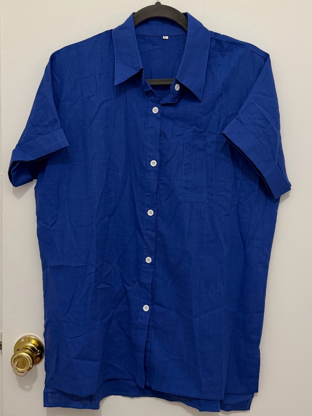 Cobalt blue cotton-linen button-down blouse